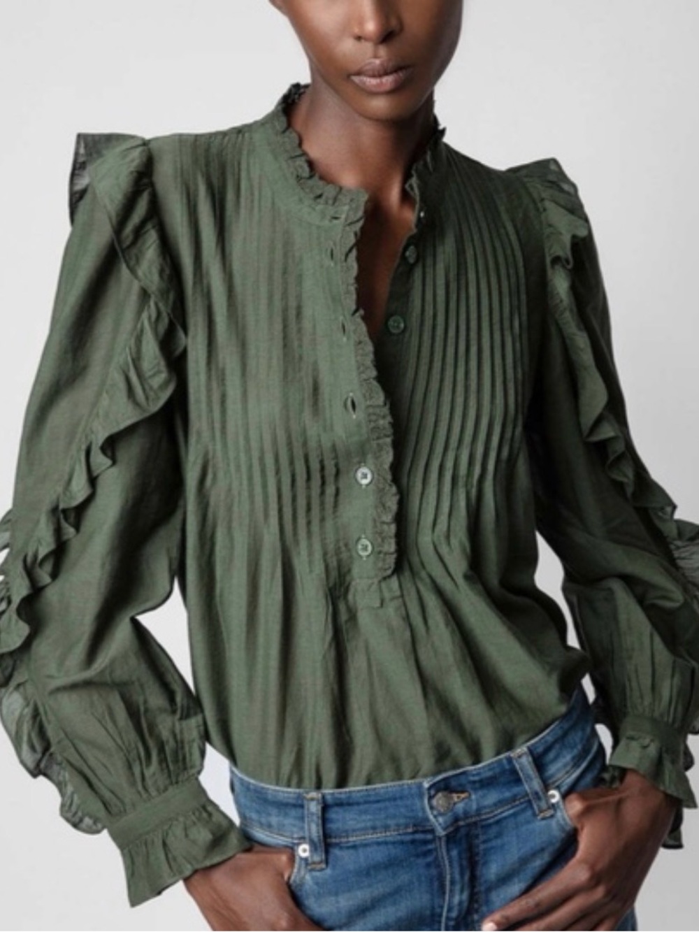 Zadig & Voltaire Olive Green Ruffle Pintuck Blouse